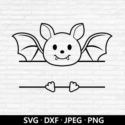 Cute Bat Monogram SVG, Halloween Bat Clipart, Flying Bat Vector, Split Monogram Name Frame PNG, Halloween Cut Files Digital Download