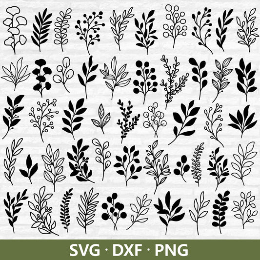 Leaves SVG, 50 Leaves Svg Bundle, Hand Drawn Leaves SVG, Leaf Svg, Botanical clipart, Greenery Svg, Leaf vector, Leaf cut files for Cricut