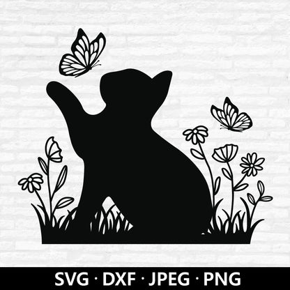 Cat Butterfly Flower SVG, Spring Cat Png, Wildflower Clipart, Floral Cat SVG, Kitten Playing DXF, Floral Animal Cut files Digital Download