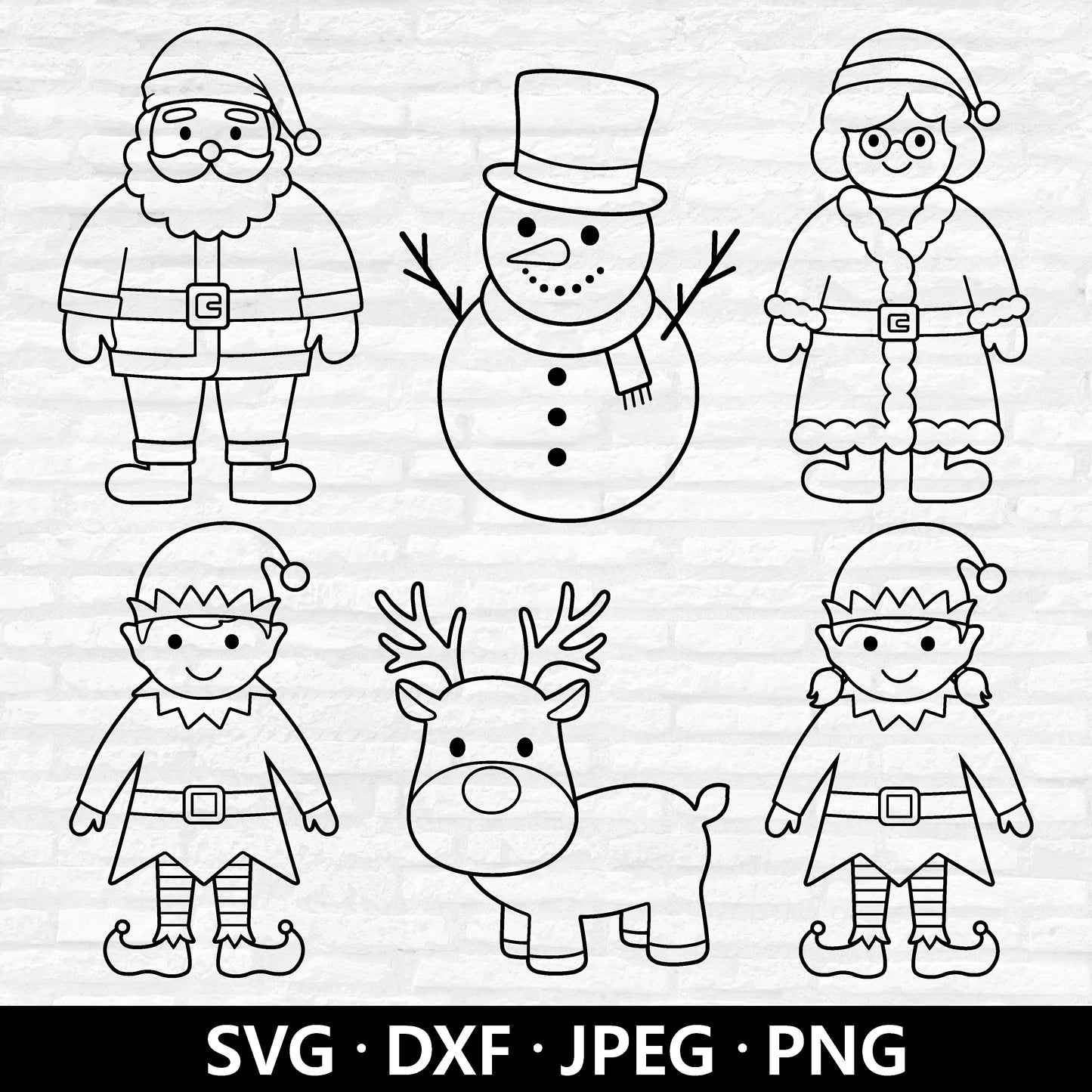 Christmas Outline SVG bundle, Cute Santa Clipart, Mrs Claus Vector, Reindeer Xmas Winter Snowman Holiday Ornament Cut files Digital Download