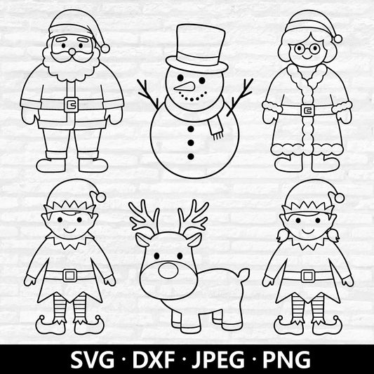 Christmas Outline SVG bundle, Cute Santa Clipart, Mrs Claus Vector, Reindeer Xmas Winter Snowman Holiday Ornament Cut files Digital Download