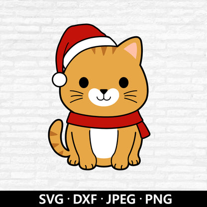 Christmas Cat Svg, Xmas Holiday Kitty, Cat with Santa Hat Cut Files Digital Download