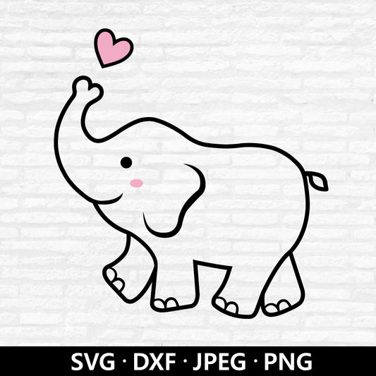 Elephant SVG, Baby Elephant Girl Shirt Clipart, Elephant Outline DXF, Baby Shower Shirt PNG, Elephant with heart cut files Digital Download