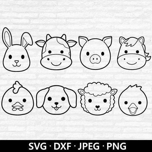 Farm Animal Faces SVG, Animal Face Outline SVG, Farm Animal head cut file, Cute animals svg bundle, Cow Pig Horse Cut files Digital Download