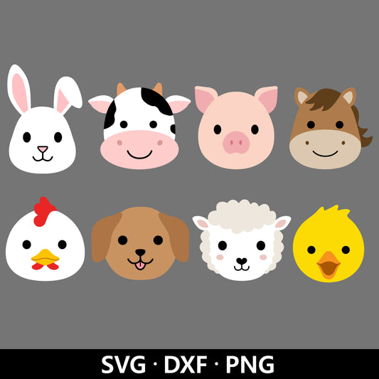 Farm Animal Faces SVG, Cute Animal PNG, Farm Bundle svg, Cow Face svg, Nursery Clip Art, Pig Horse Chicken Duck Cut files Digital Download