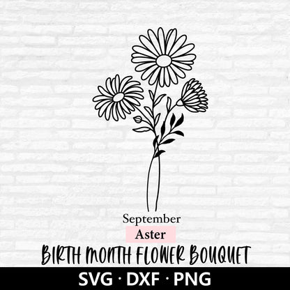 Birth Month Flower Bouquet SVG, Floral Vector, Birth Month September flower Clipart, Aster svg, Flower Bouquet Cut files Digital Download