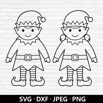 Elves Outline SVG, Elf Boy SVG, Christmas Ornament Clipart, Cute Elves SVG, Holiday Kids Christmas elf girl cutting files Digital Download