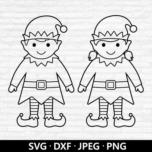 Elves Outline SVG, Elf Boy SVG, Christmas Ornament Clipart, Cute Elves SVG, Holiday Kids Christmas elf girl cutting files Digital Download