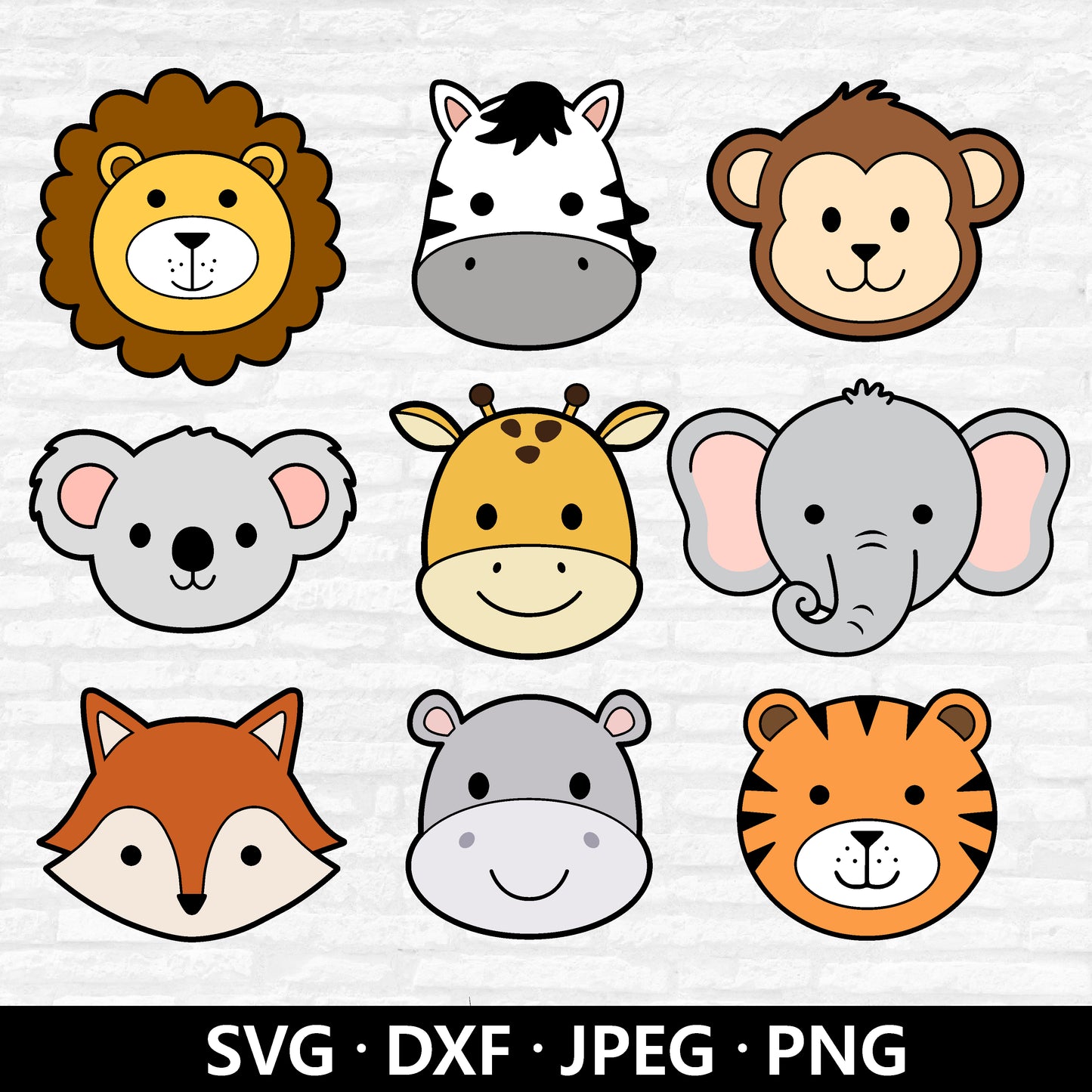 Safari Animal Faces SVG, Animal Face Svg, Jungle Animal head clipart, Lion Zebra Monkey Koala Giraffe Elephant cut files Digital Download