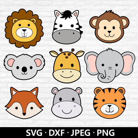 Safari Animal Faces SVG, Animal Face Svg, Jungle Animal head clipart, Lion Zebra Monkey Koala Giraffe Elephant cut files Digital Download