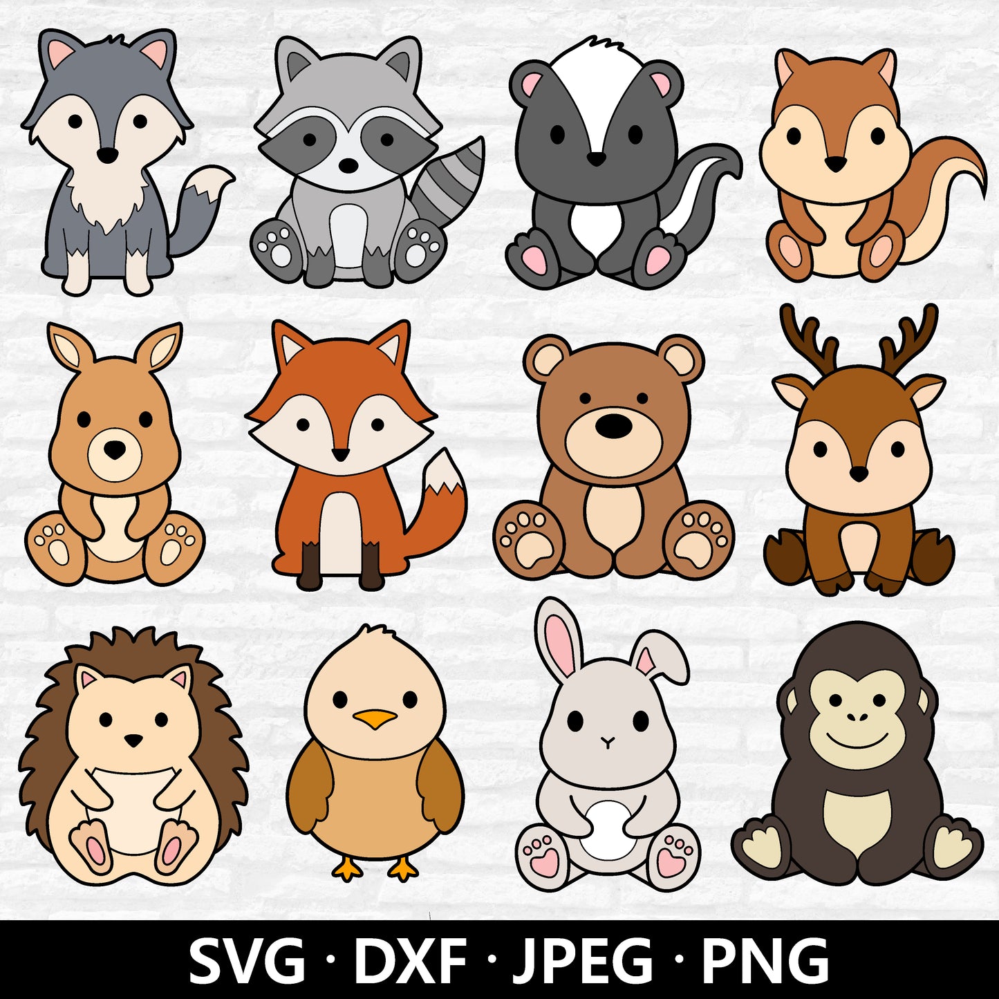 Woodland Animals SVG, Cute Animal SVG bundle, Forest Animal Cut file, Wolf Raccoon Skunk Kangaroo Fox Bear Deer Bunny Bird Digital Download