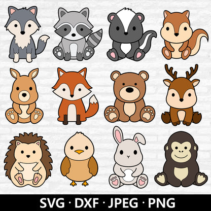 Woodland Animals SVG, Cute Animal SVG bundle, Forest Animal Cut file, Wolf Raccoon Skunk Kangaroo Fox Bear Deer Bunny Bird Digital Download