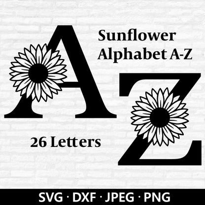 Sunflower Alphabet Letter svg, Floral alphabet Vector, Flower Capital Alphabet, Fancy Letters Dxf, Sunflower Font Cut files Digital Download