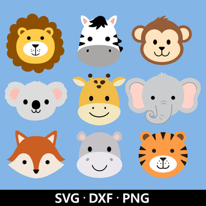 Safari Animal Face SVG, Animal Face Clipart, Jungle Animal head Vector, Lion Zebra Monkey Koala Giraffe Elephant cut files Digital Download