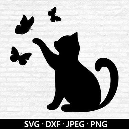 Cat with butterfly SVG, Cat SVG Files, Kitten Playing SVG, Cat and Butterflies Clipart, Cat Butterflies Design Cut Files Digital Download