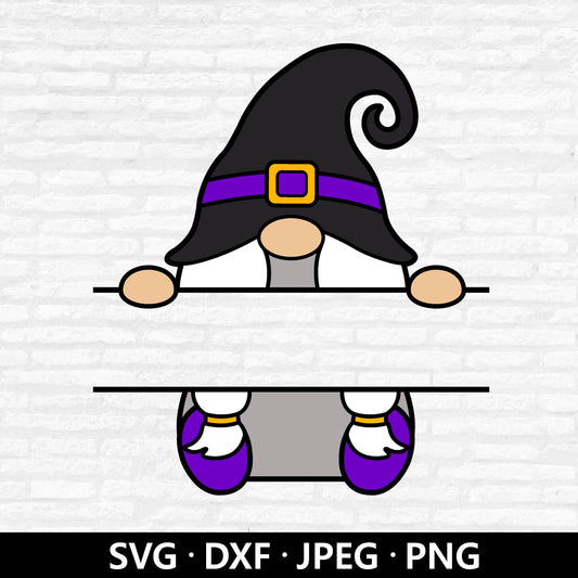 Witch Gnome Monogram SVG, Gnome Name Frame SVG, Split Monogram PNG, Halloween Gnome Clip Art, Gnome Vector Cut Files Digital Download