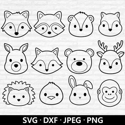 Woodland Animal Face Outline SVG, Cute Animal SVG bundle, Wolf Raccoon Skunk Kangaroo Fox Bear Deer Bunny Bird Cut files Digital Download