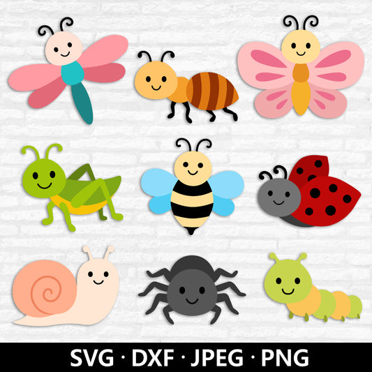 Insects SVG Bundle, Bugs Clipart, Cute Insect SVG, Worm SVG, Kids Baby Birthday Bee Ladybug Spider Snail, Bugs cut files Digital Download