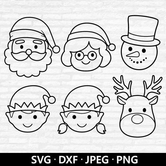 Christmas Face Outline SVG, Cute Santa Face Vector, Mrs Claus, Elf Boy Girl Clipart, Xmas Reindeer Holiday Snowman Cut file Digital Download