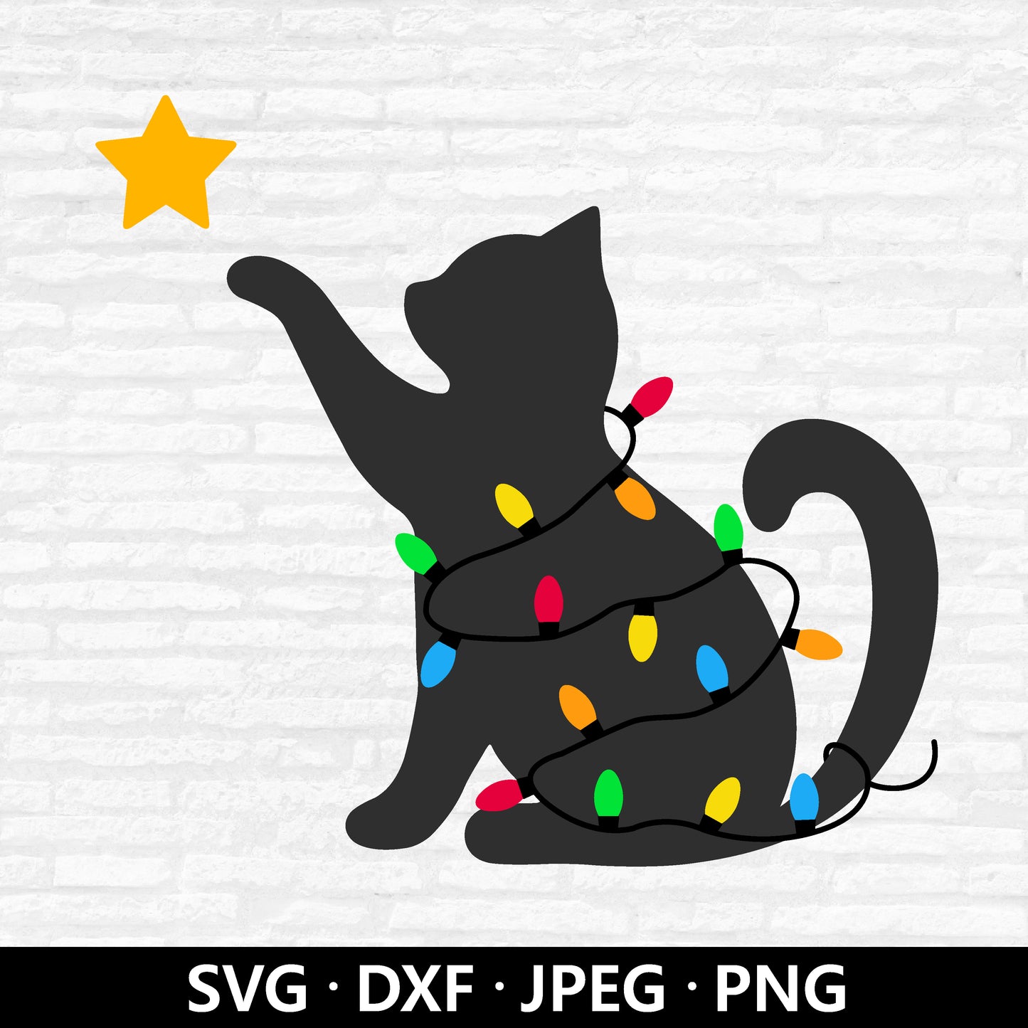 Christmas Cat SVG, Funny Cute Cat SVG, Christmas lights svg, Star SVG, Cat Xmas Holiday Clipart Cut files, Christmas shirt Digital Download