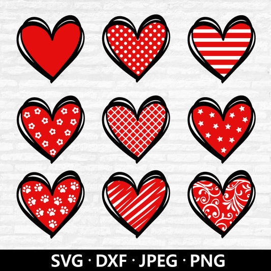 Valentine's Day Hearts SVG, Heart svg bundle hand drawn, Heart pattern Valentines day clipart, Doodle heart Cut files Digital Download