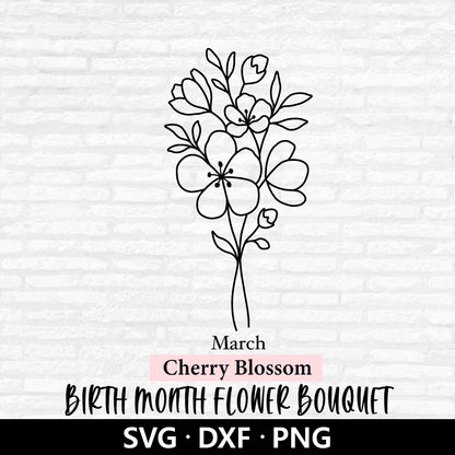 Cherry Blossom Flower Bouquet SVG, Birth Month Flower Vector, Wildflower Dxf, Flower Bouquet PNG, March flower Cut files Digital Download