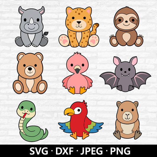 Jungle Animals SVG, Cute Animal Clipart, Safari SVG bundle, Bear Flamingo Snake Capybara Sloth Bat Cheetah cutting files Digital Download