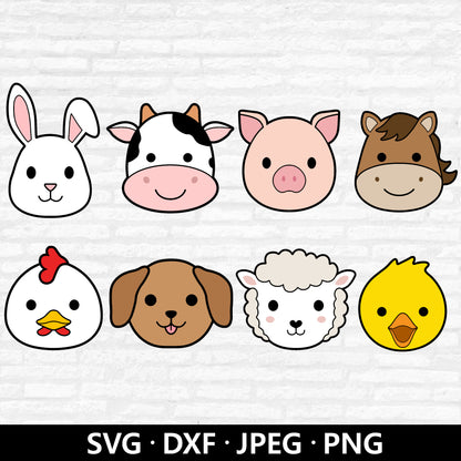 Farm Animal Faces SVG, Animal Face cut files, Farm animal svg bundle, Cow Pig Horse Chicken Duck Bunny Puppy Face cut files Digital Download