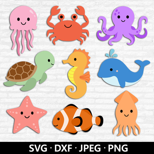 Sea Animals SVG Bundle, Ocean Creatures, Baby Shower PNG, Octopus, Seahorse, Dolphin, Turtle, Marine Beach Animal Cut files Digital Download