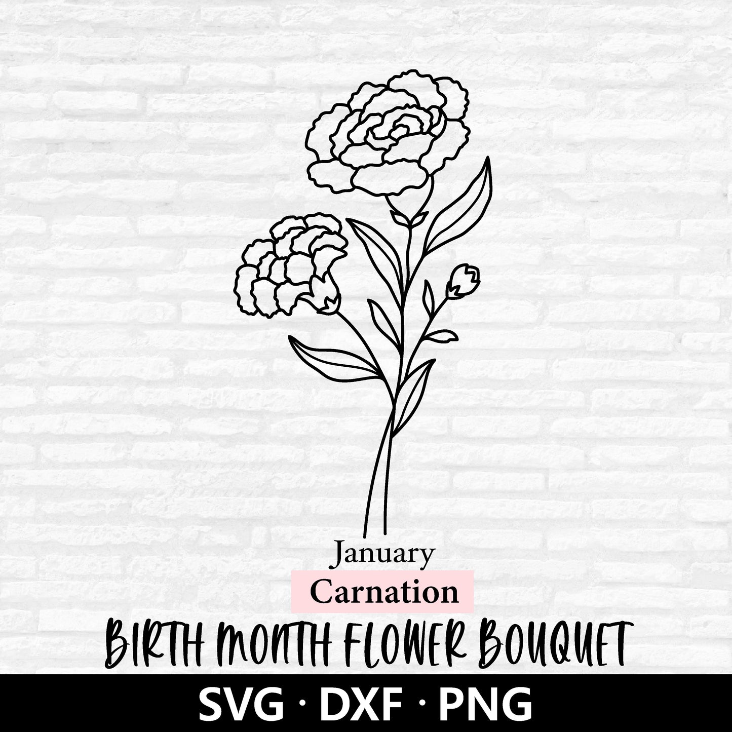 Birth Month Flower Bouquet Svg, Floral Vector, Birth Month Flower, January flower, Carnation, Flower Bouquet Cut files Digital Download