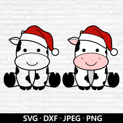 Christmas Cow SVG, Cow with Santa hat SVG, Xmas Ornament Cow Clipart, Baby Cute Cow Outline PNG, Christmas shirt Cut files Digital Download