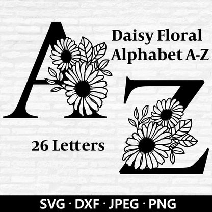 Daisy Alphabet Letter SVG Bundle, Floral Capital Alphabet svg files, Daisy Flower Bouquet PNG, Floral Alphabet Cut Files Digital Download