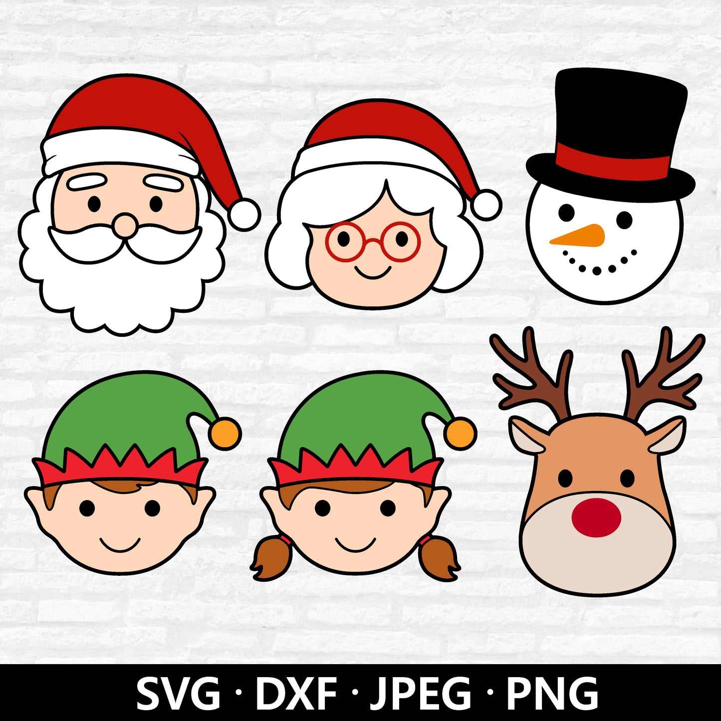 Christmas Face SVG bundle, Cute Santa Face Vector, Mrs. Claus, Elf Boy Girl Clipart, Xmas Reindeer Holiday Snowman Cut file Digital Download