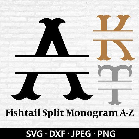 Fishtail Split Monogram SVG, Fishtail Alphabet Letter PNG file, Split Monogram Alphabet Dxf, Fishtail alphabet Cut Files Digital Download