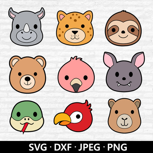 Jungle Animal Faces SVG, Cute Animal Clipart, Safari SVG bundle, Bear Flamingo Snake Capybara Sloth Bat Cheetah cut files Digital Download