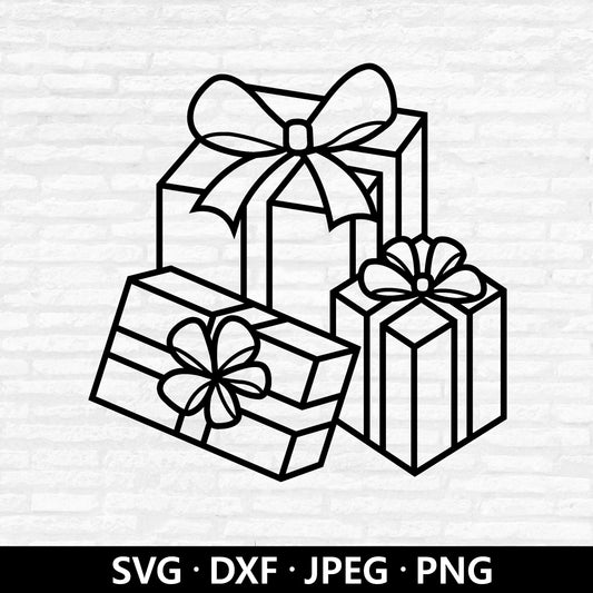 Gifts Outline SVG, Christmas Gift Vector, Christmas Presents Clipart, Gift Box DXF file, Xmas Holiday Present Cut files Digital Download