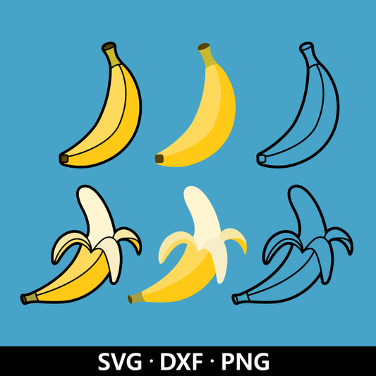 Banana SVG Bundle, Peeled Banana PNG, Tropical Fruit Vector, Banana Clipart, Summer Fruit Banana Outline Line Art Cut Files Digital Download
