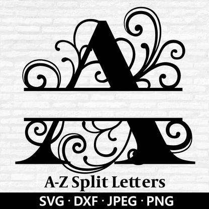 Split Monogram SVG, Alphabet Letters Dxf, Alphabets with Swirls Monogram PNG file, 26 Individual Capital Alphabet Cut files Digital Download