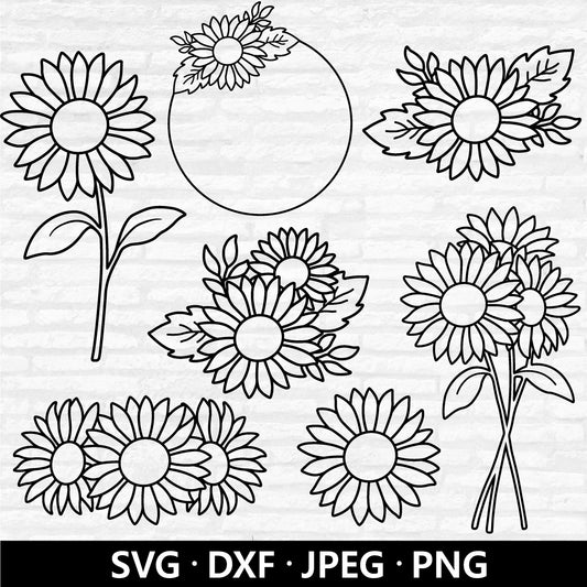 Sunflower Outline SVG, Sunflower SVG Bundle, Sunflower Bouquet vector, Sunflower Clipart, Sunflower Border Cut files Digital Download