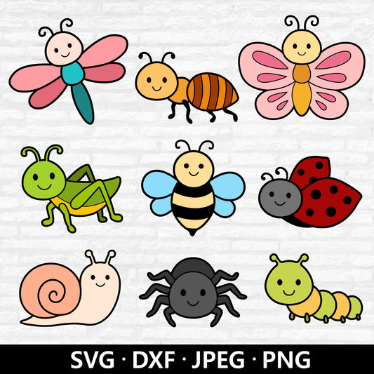 Insects SVG Bundle, Bugs Clipart, Cute Insect SVG, Worm SVG, Kids Baby Birthday Bee Ladybug Spider Snail, Bugs Cut files Digital Download