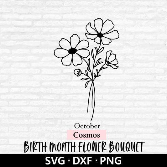 Birth Month Flower Bouquet Svg, Floral Vector, Birth Month Flower, October flower, Cosmos PNG, Flower Bouquet Cut files Digital Download