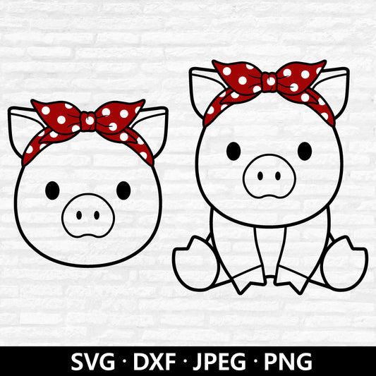 Pig Bandana Svg, Baby Pig with Bandana Dxf files, Pig with Headband Clipart, Little Girl Pig Cute Farm Pig Animal Cut Files Digital Download