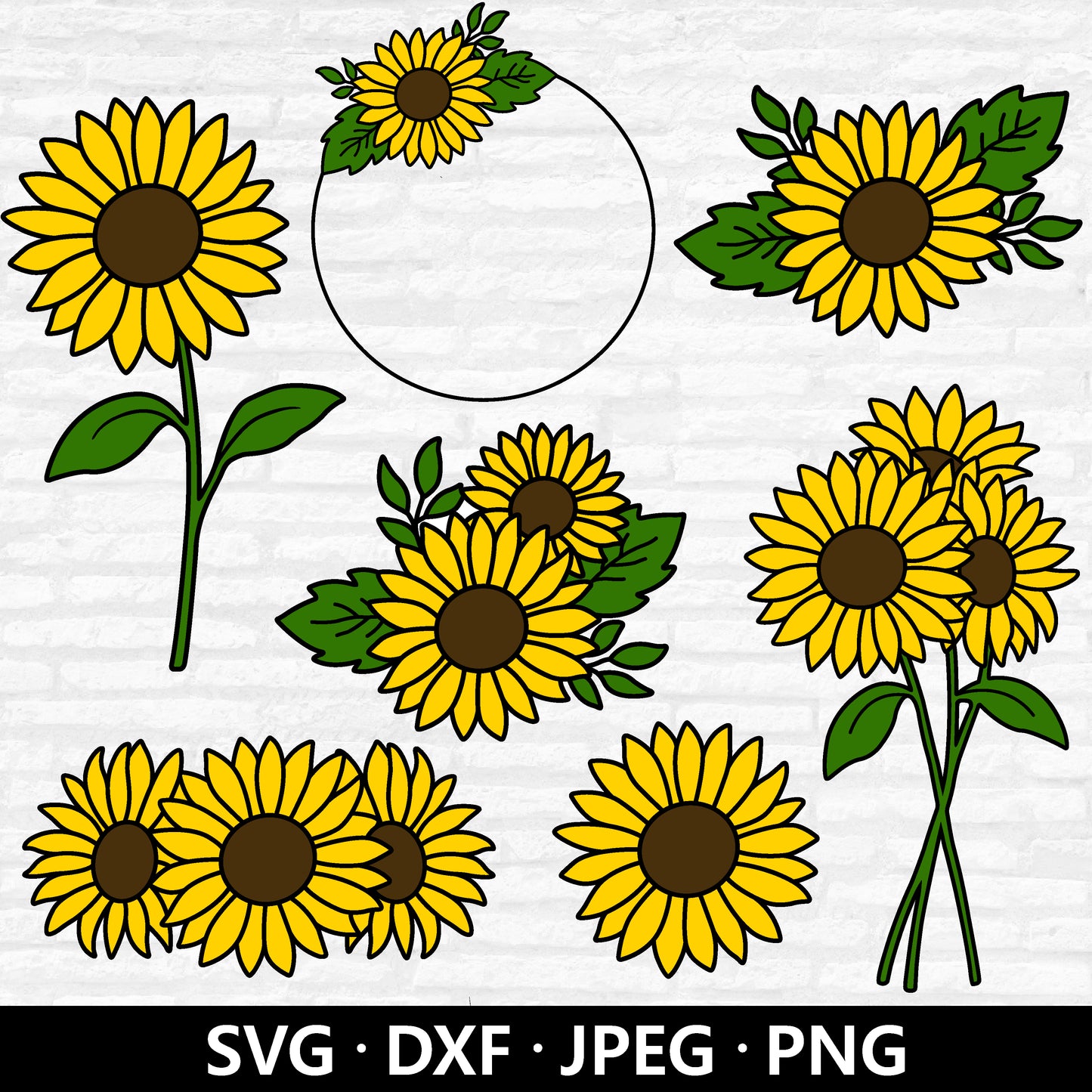 Sunflower SVG Bundle, Flowers Vector, Sunflower Bouquet Clipart, Floral PNG, Sunflower wreath Dxf, Flower Border Cut files Digital Download