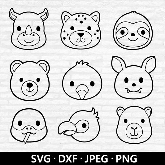 Jungle Animal Face Outline SVG, Cute Animal Clipart, Safari SVG bundle, Bear Flamingo Snake Capybara Sloth Bat Cheetah cut files Digital Download