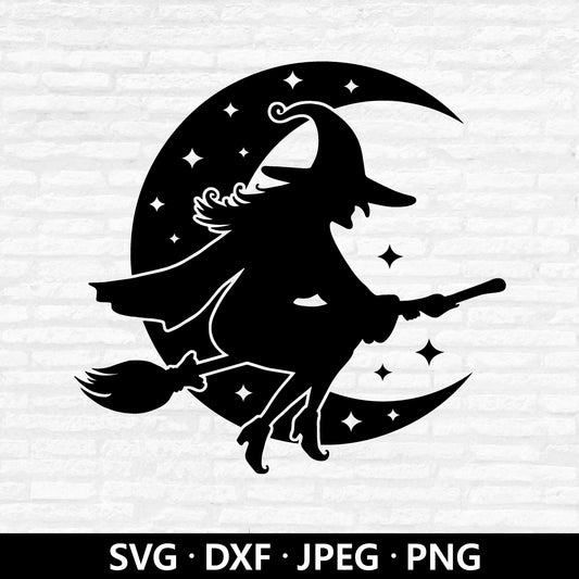 Flying Witch SVG, Witch Silhouette Clipart, Halloween SVG, flying witch decal, Witch svg, Moon SVG, Fall Svg, Cut File Cricut, Silhouette