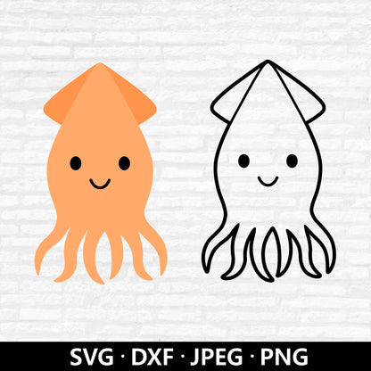 Cute Squid SVG, Sea Animals, Squid Clipart, Baby Shower Shirt PNG, Squid Outline DXF, Ocean Marine Beach Animal Cut files Digital Download