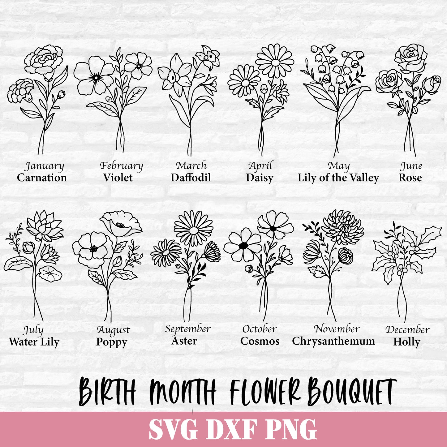 Birth Month Flower Bouquet Svg, Flower Svg Bundle, Birth Flower Svg, Botanical svg, Floral Svg, Flowers Birthday Cut files Digital Download