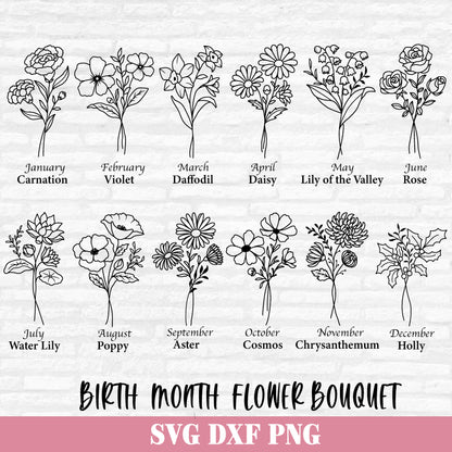 Birth Month Flower Bouquet Svg, Flower Svg Bundle, Birth Flower Svg, Botanical svg, Floral Svg, Flowers Birthday Cut files Digital Download