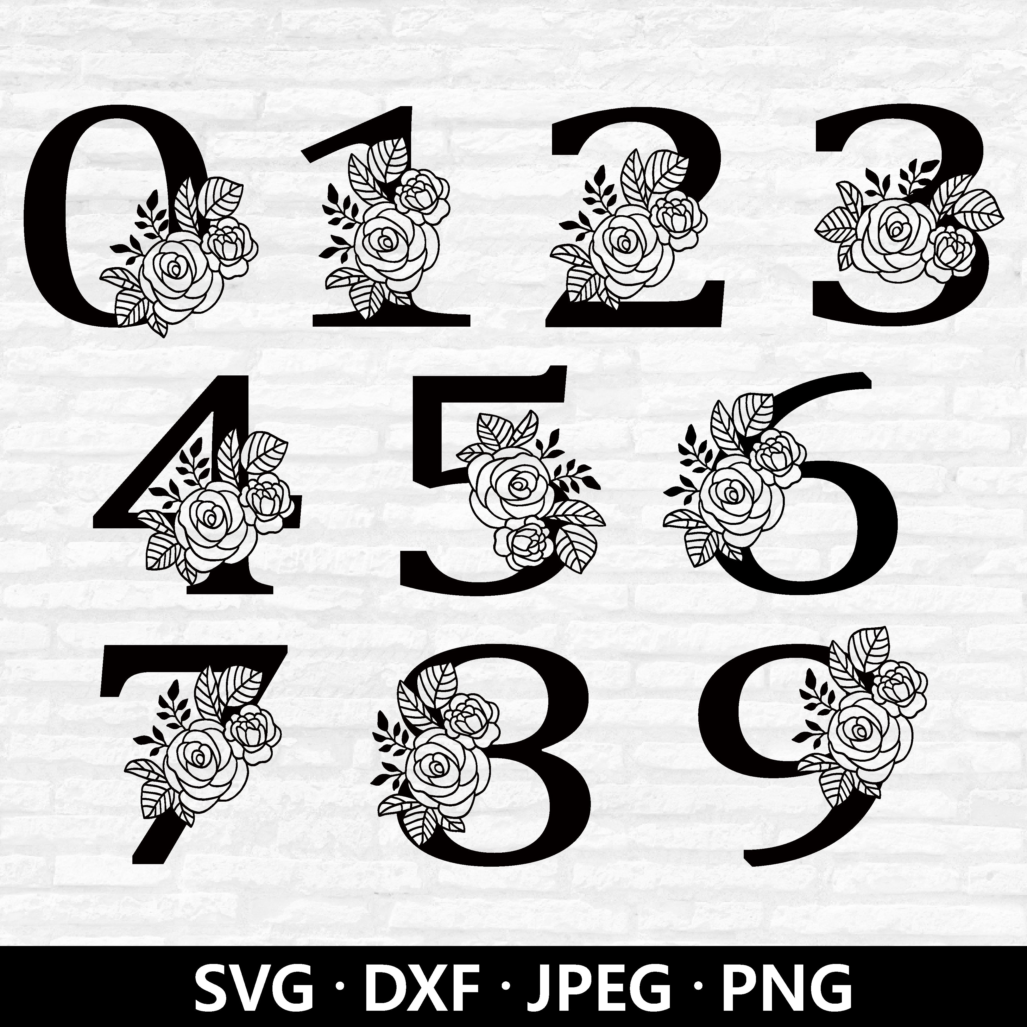 Rose Floral Numbers svg, Flowers number Dxf files, Rose Floral Monogra ...
