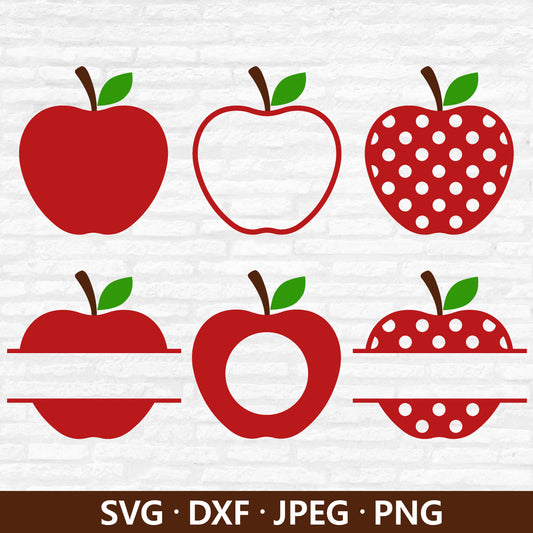 Apple SVG bundle, Apple monogram PNG, Polka Dot Apple Dxf, Teacher Svg, School Clipart, Split Monogram Name Frame Cut files Digital Download